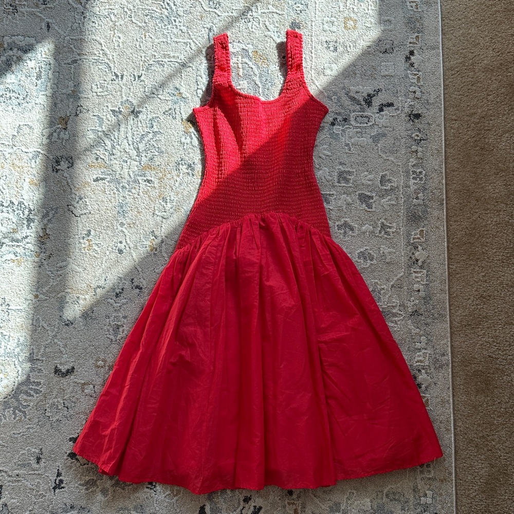 (SOLD) Anthropologie red smocked drop waist midi dress